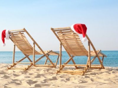 beach chairs with Santa hats