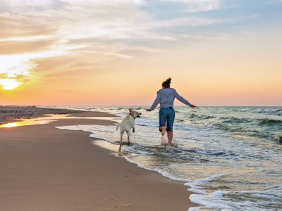 woman and dog on beach at sunset